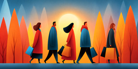 Shoppers carrying bags, celebrating consumerism and autumn sales against a warm, stylized backgroundの素材