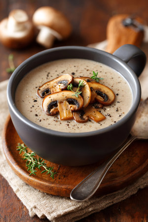 Rich, warming mushroom cream soup garnished with sliced cremini and fresh herbsの素材