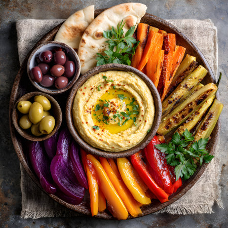 Hummus dip serving with colorful roasted vegetables, olives, and pita bread on a wooden boardの素材