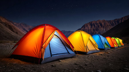 Colorful tents glowing in a line at night against a backdrop of mountains and a starry skyの素材