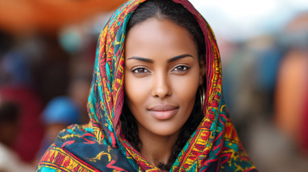 Young African woman dressed in colorful headscarf, portrait in market settingの素材
