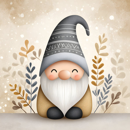 Cute gnome illustration wearing a striped hat with a long white beardの素材
