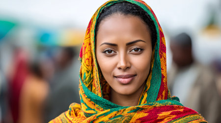 African woman wearing a traditional vibrant headscarf, looking at the viewerの素材