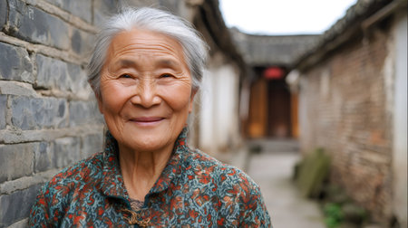 Elderly asian woman cheerfully smiling with gray hair, standing in a traditional village alleyの素材