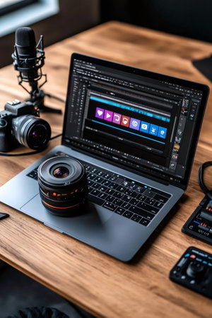Laptop displaying video editing software with camera, lens, and microphone on a wooden deskの素材