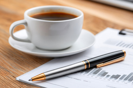 Coffee cup and pen resting on financial reports showing data charts on a wooden deskの素材