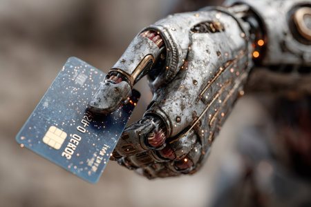 Robotic hand with metallic texture holding a blue credit card chipの素材