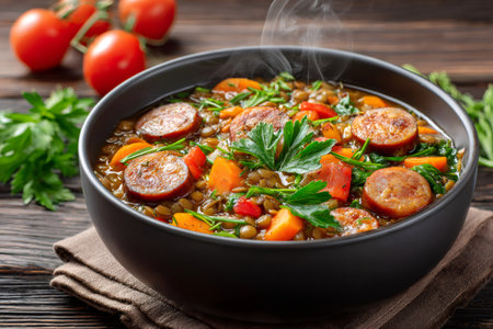 Steaming lentil soup with sausage, carrots, bell peppers, and fresh herbs in a black bowlの素材