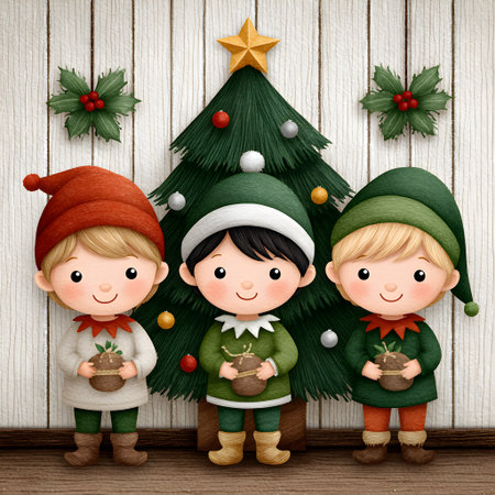 Three happy Christmas elves holding small gifts standing in front of a decorated treeの素材