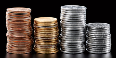 Coins organized into various stacks on a black background displaying financial growthの素材