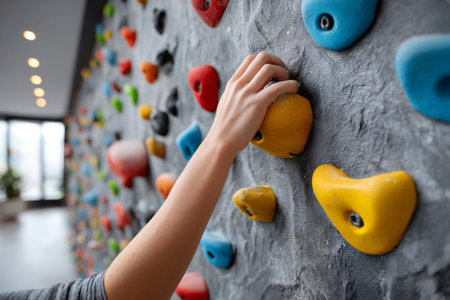 Person's hand gripping a yellow climbing hold on a textured gray wall in a bouldering gymの素材