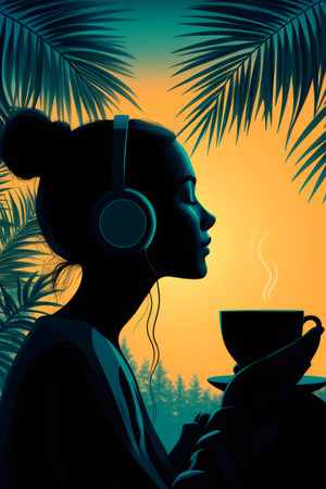 Woman listening to music with headphones, holding a steaming coffee cup, relaxing at a tropical sunset with palm leavesの素材