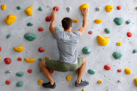 Man doing bouldering workout on indoor climbing wall for fitnessの素材