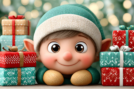 Cartoon elf character peeking out from behind a stack of festive holiday presentsの素材