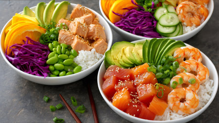 Arranging various fresh poke bowls showcasing raw fish, seafood, and colorful vegetablesの素材