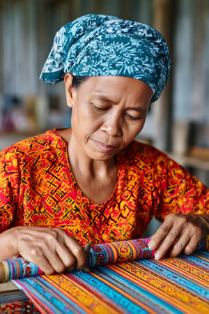 Woman skillfully creating beautiful vibrant fabric by hand, honoring traditional textile craftの素材
