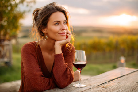 Woman smiling, relaxing, and contemplating at a vineyard during autumn sunsetの素材
