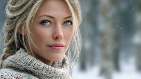 Young blonde woman with a braid, wearing a sweater, smiling in a snowy forestの素材