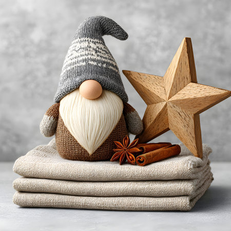 Knitted gnome with wooden star, cinnamon sticks, and star anise creating a festive atmosphereの素材
