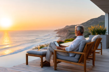 Senior man relaxing on modern luxury patio with tablet overlooking the ocean at sunsetの素材