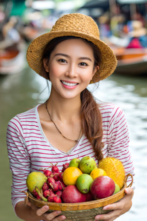 Young woman smiling, holding a fruit basket with colorful tropical fruits at a floating marketの素材