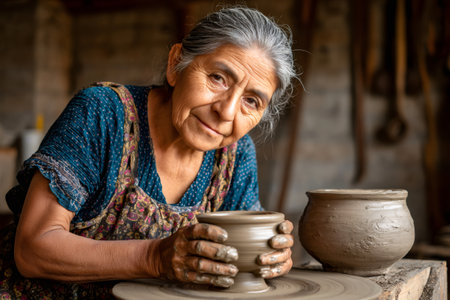 Elderly artisan creating handmade terracotta pot using traditional pottery wheelの素材