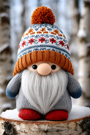 Scandinavian gnome wearing winter hat standing on snowy birch log in forestの素材