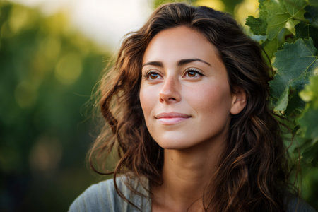 Woman smiling, looking up while standing amidst green vineyard leavesの素材