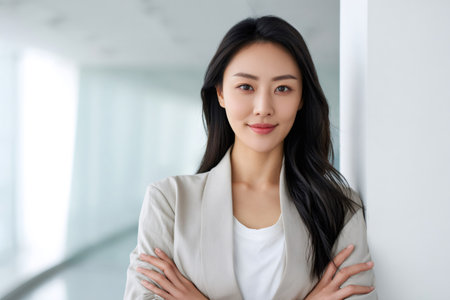 Young asian businesswoman smiling, standing with crossed arms in a bright corporate officeの素材