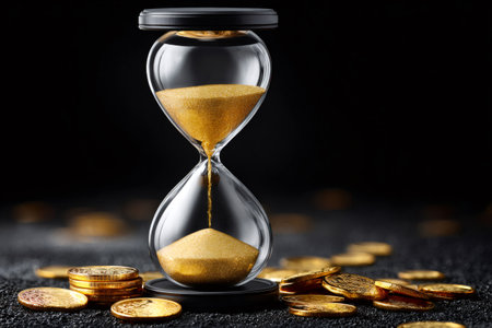 Hourglass with gold sand measuring time and value, surrounded by gold coinsの素材