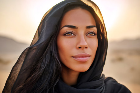 Middle eastern woman wearing a black hijab looking skyward in a desert landscapeの素材