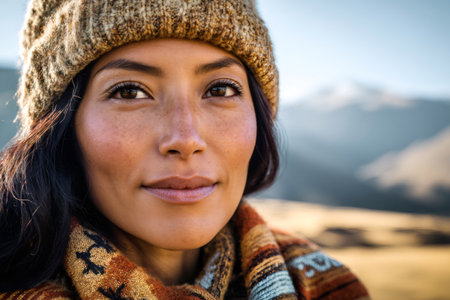 Woman smiling portrait looking at camera wearing beanie and patterned scarf outdoorsの素材