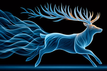 Abstract glowing deer like creature running with ethereal blue energy trails on black backgroundの素材