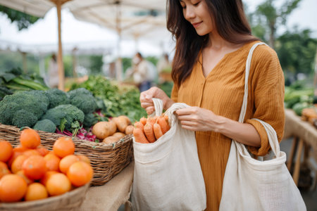 Woman filling reusable bag with organic vegetables at an outdoor market stallの素材