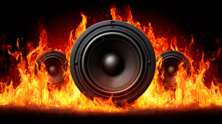 Audio speakers surrounded by hot flames on a dark background, representing energy and powerの素材