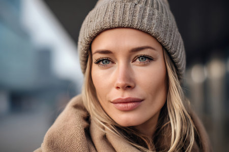 Woman wearing warm winter clothes looking to the side with a serene expressionの素材