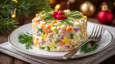 Olivier salad, a traditional Russian salad, featuring dill and cranberry dressingの素材