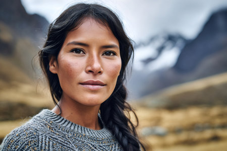 Indigenous woman posing for a portrait in a rugged Andean mountain backgroundの素材