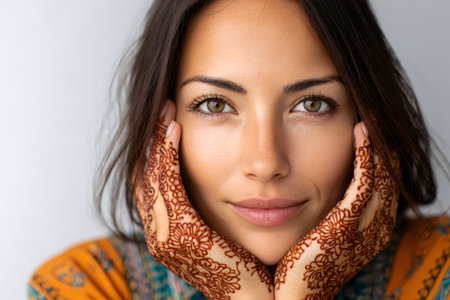Woman with beautiful hazel eyes and intricate henna patterns on her hands against a white backgroundの素材