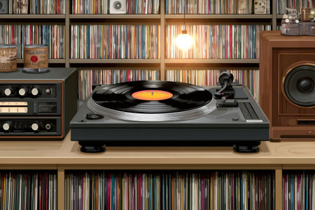Turntable spinning a vinyl record in a room with numerous music albums on shelvesの素材