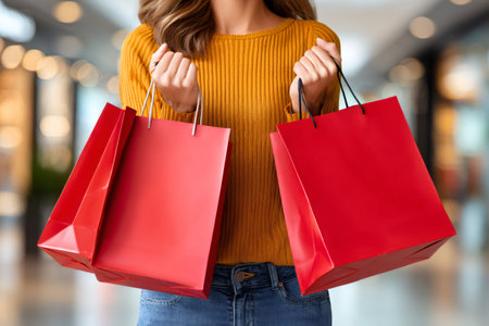 Woman holding bright red shopping bags walking through a mallの素材