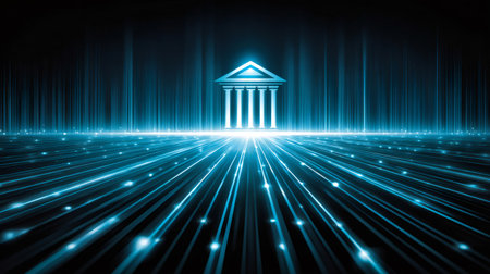 Banking symbol receiving glowing light trails representing data flow and financial technologyの素材