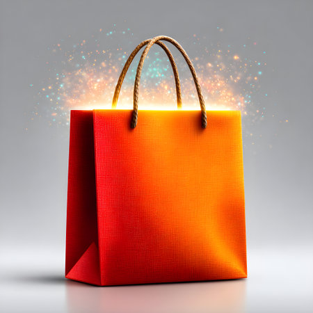 Shopping bag emitting golden light and sparkles, representing a gift or special purchaseの素材