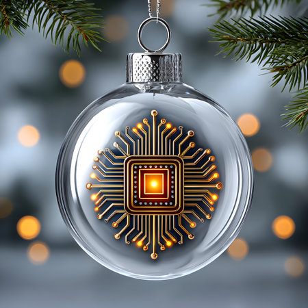 Christmas ornament containing a cpu circuit board, blending holiday tradition with modern tech innovationの素材