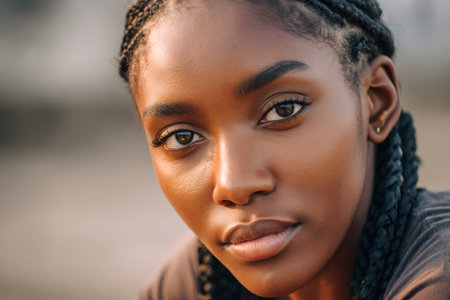 Young african american woman with braids showing natural beauty in a close up outdoor portraitの素材