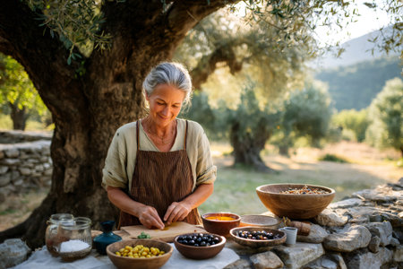 Senior woman cutting ingredients, cooking outdoors in a rustic Mediterranean settingの素材