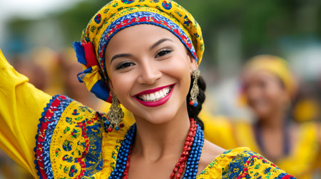 Woman smiling and dancing in a vibrant traditional Colombian costume during a cultural festivalの素材