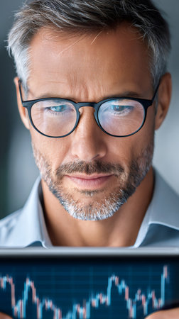 Businessman focused on financial charts and data on a tabletの素材