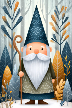Folkloric gnome creature standing in a snowy winter forest sceneの素材