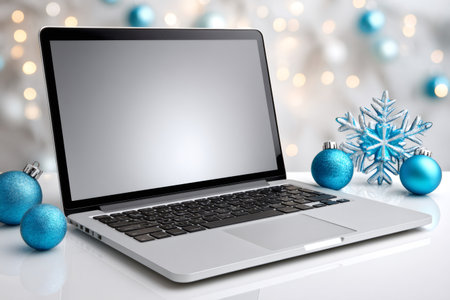 Laptop on white surface with blue christmas baubles, a snowflake, and bokeh lightsの素材